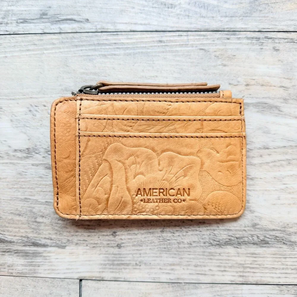 American Leather Co Tan Floral Embossed Leather Zip Card Holder ID Wallet